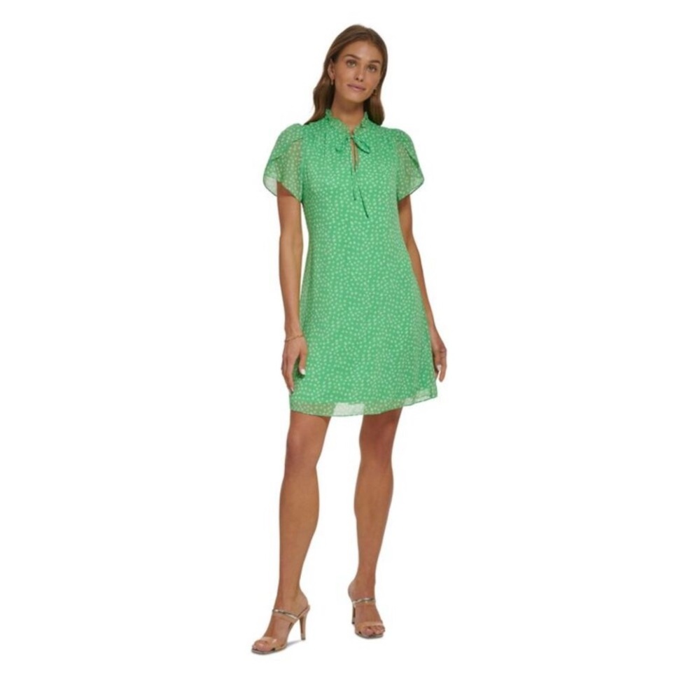 DKNY Womens Green White Floral Flutter Sleeve Ruffle Shift Dress Size 10